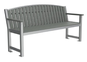 Backed Bench in Grey with Vertical Slats and End Arms