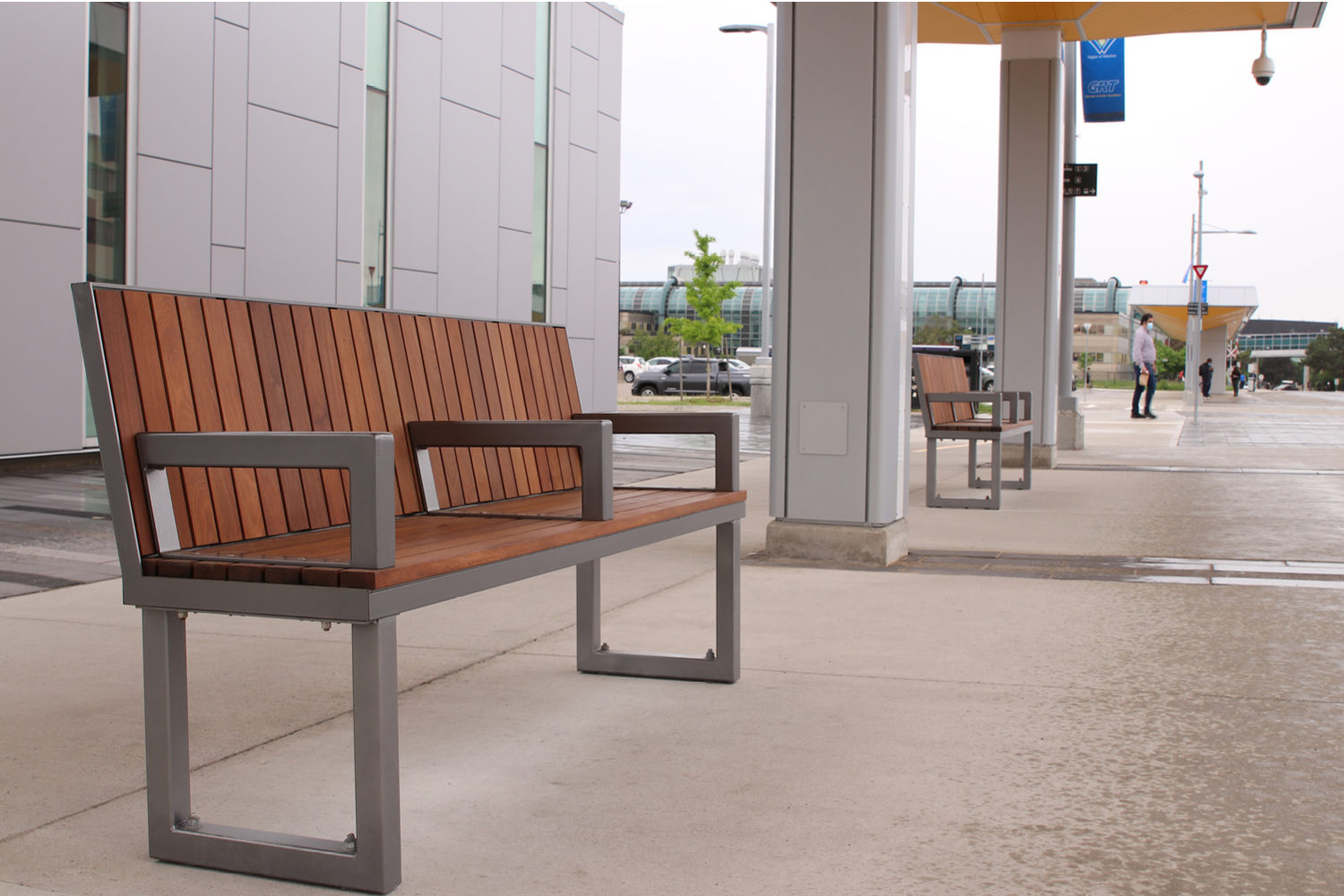 6 FT Ogden Benches line the University of Waterloo Transit Plaza