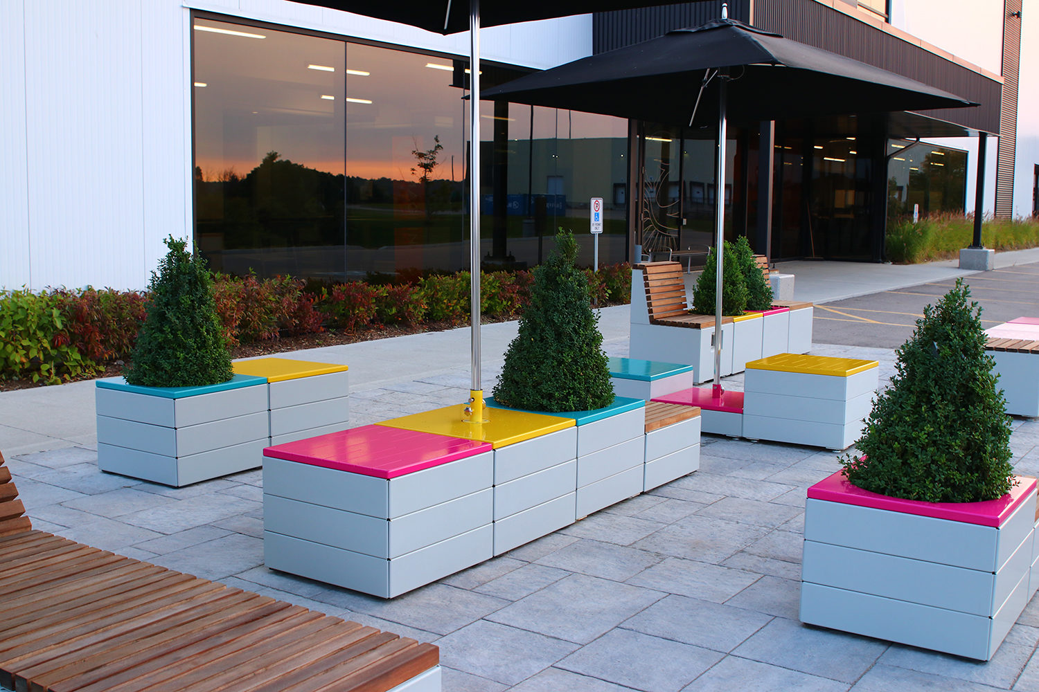 Pixel blocks with bright colored tops and plants