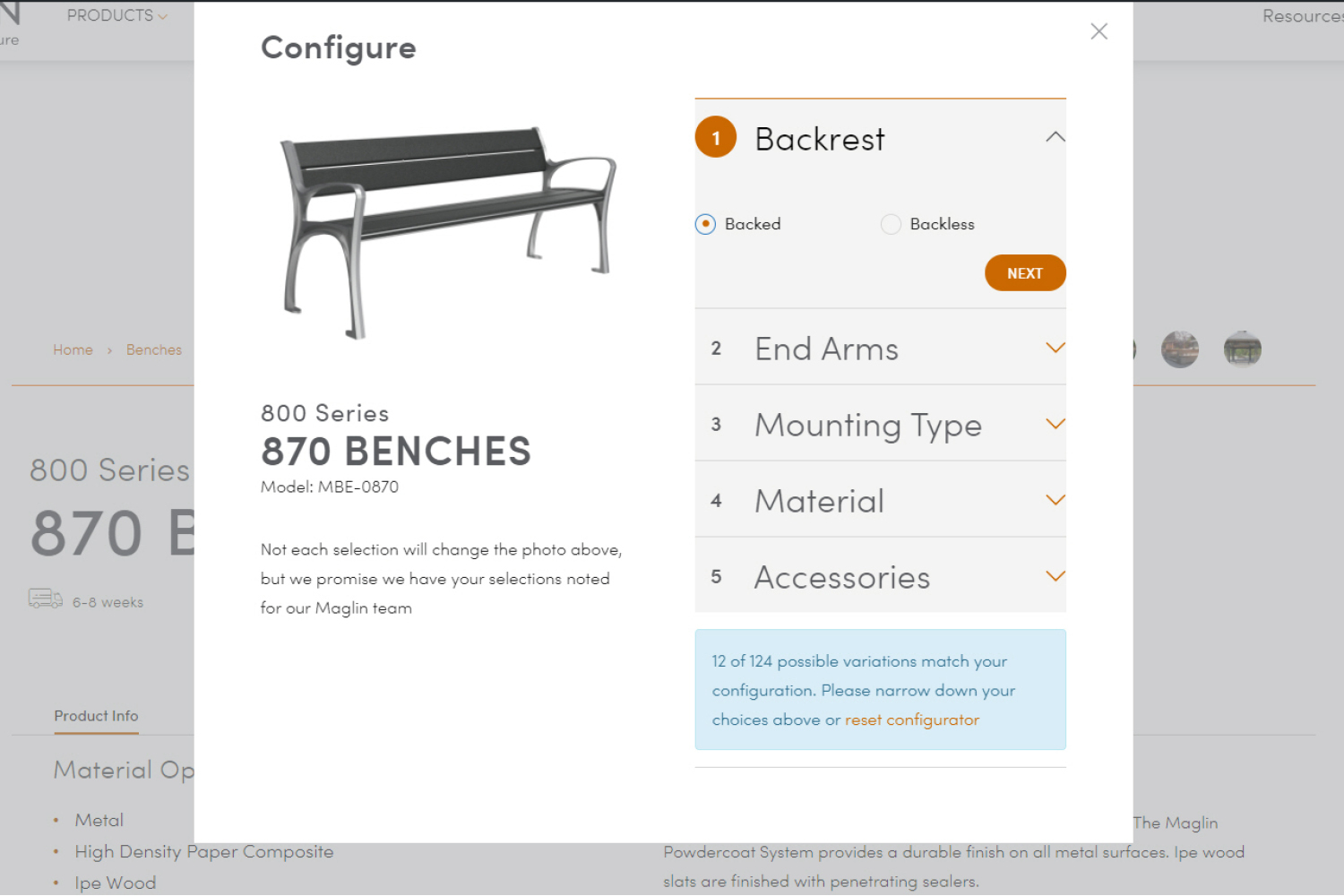 870 Benches Quick Quote - Configure window