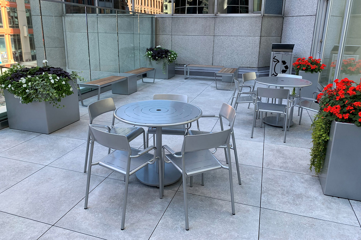 Foro Collection and 1500 Planters Silver Foro Tables and Chairs with 1500 Custom Planters