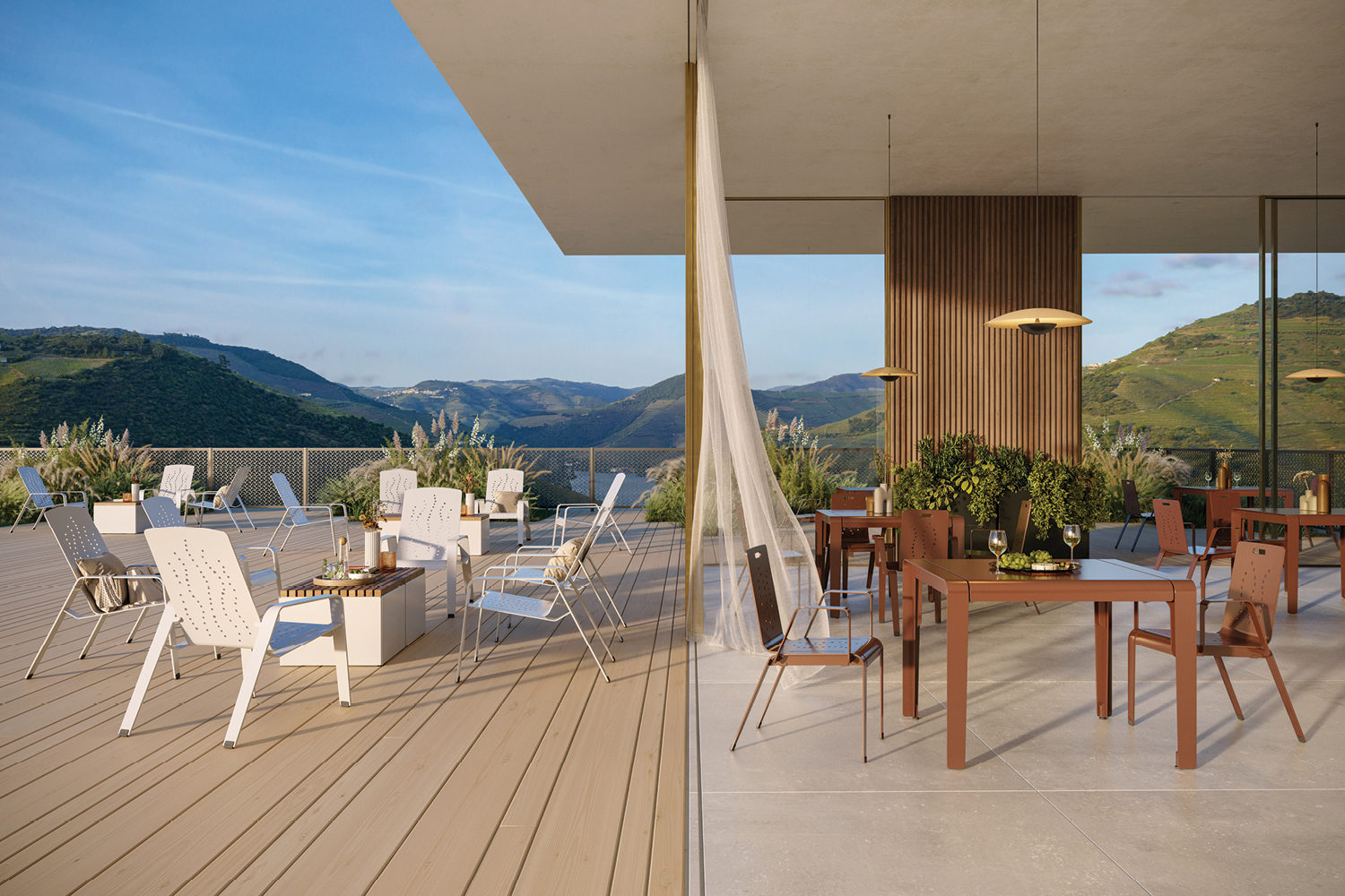ALUM_chairs-tables_main 2700 Series - ALUM Collection of tables and chairs overlooking mountain landscape