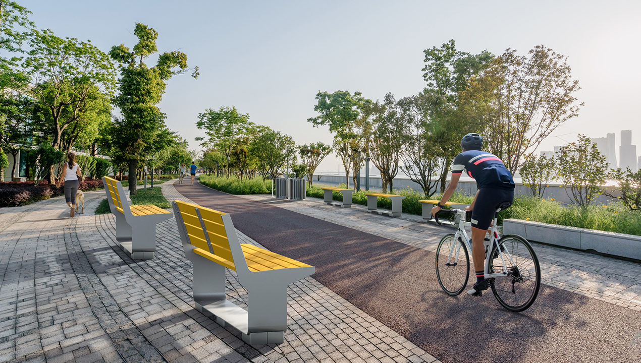 L-Series backed and backless benches along walking path