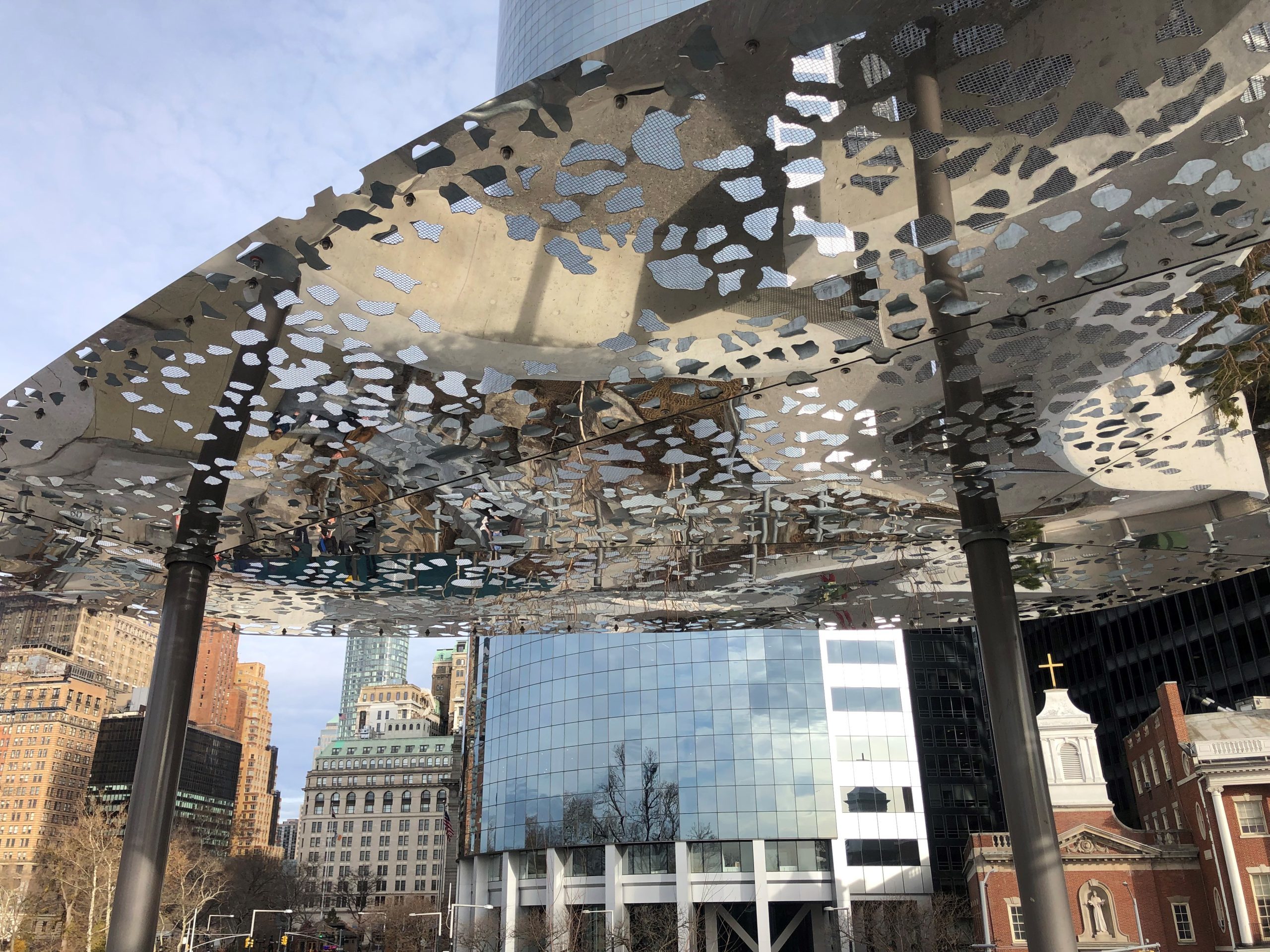 NY_Battery Playscape_Cloud-Canopies Close-up of mirrored cloud canopy in the Battery Playscape