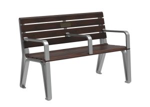 MBE-2300-00155: Iconic 48in Backed Bench, Thermally Modified Ash Wood Seat and Back, Center and Side Arms, Bronze Plaque