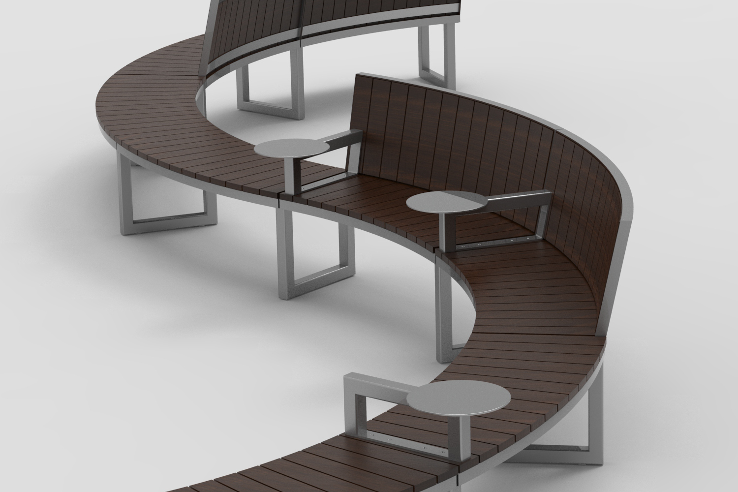 Backed and backless Ogden curved bench with integrated tables