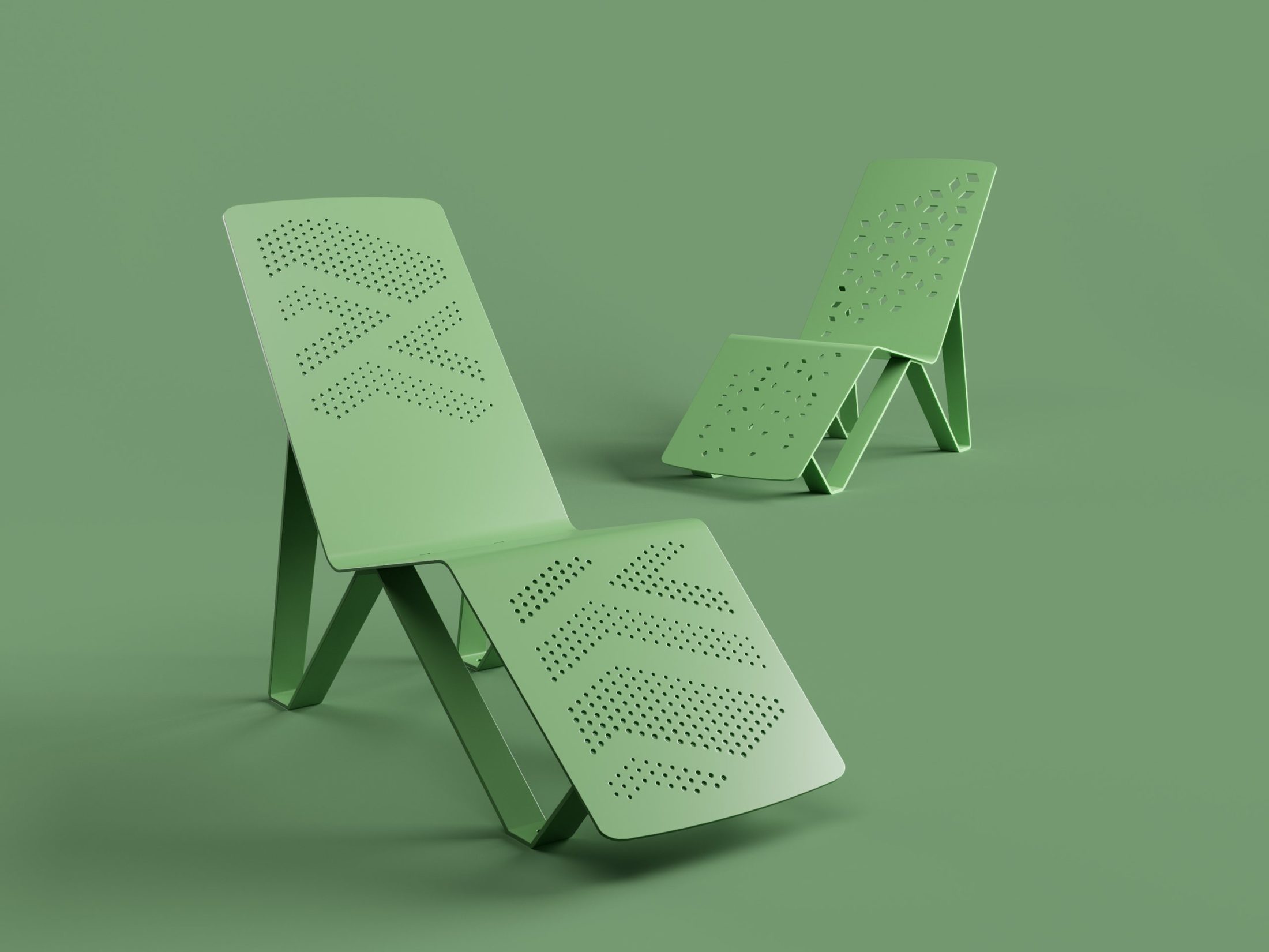 ALUM Chaise Lounge with Summit and Fusion patterns on green background