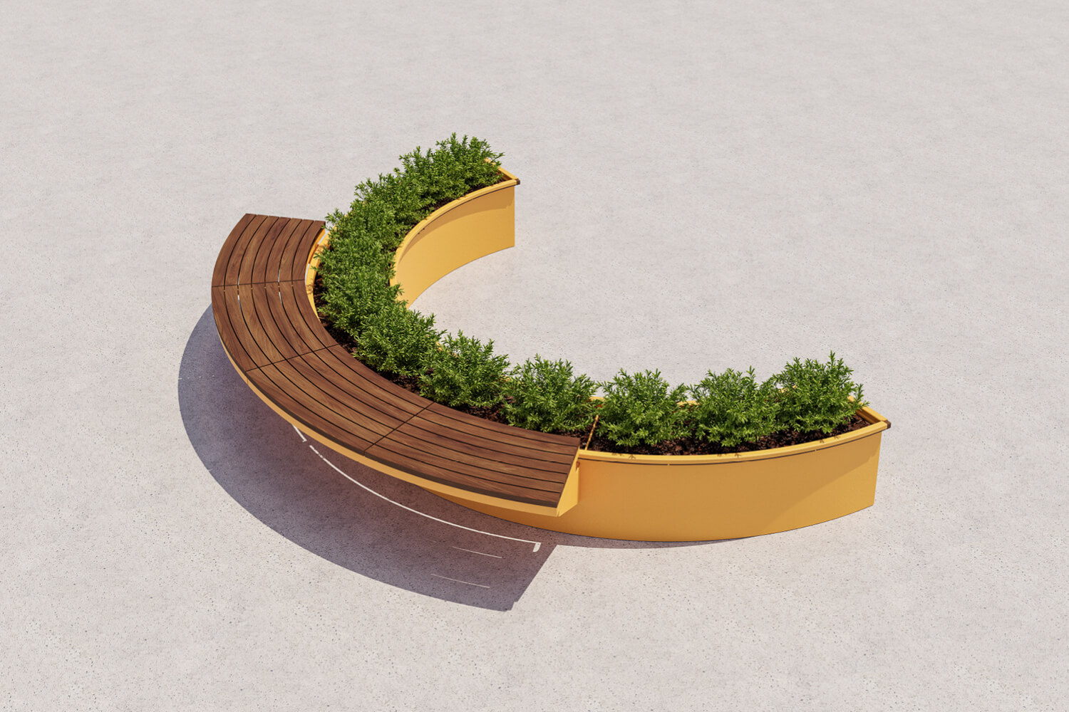CANOE modular planters with curved cantilever wooden bench