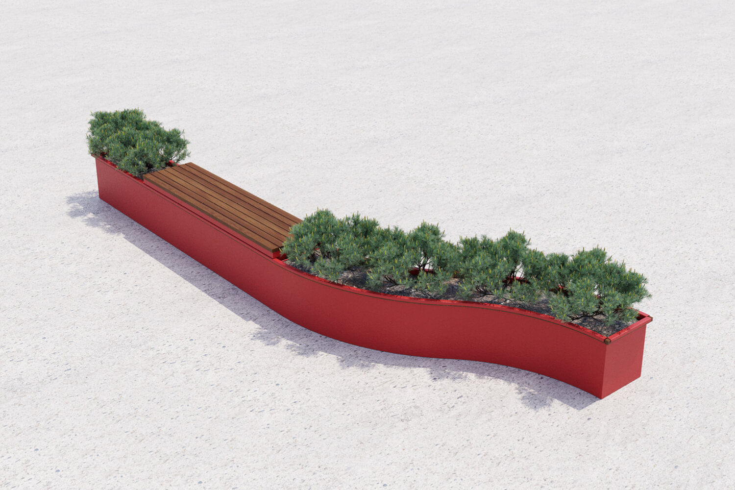 Red CANOE modular planters with shrubs and seating