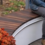 Close up of curved bench and modular planter