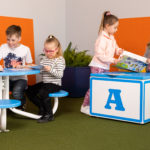 Maglin's new line of children's furniture featuring Fava picnic table and pixel blocks with 400 mini bench