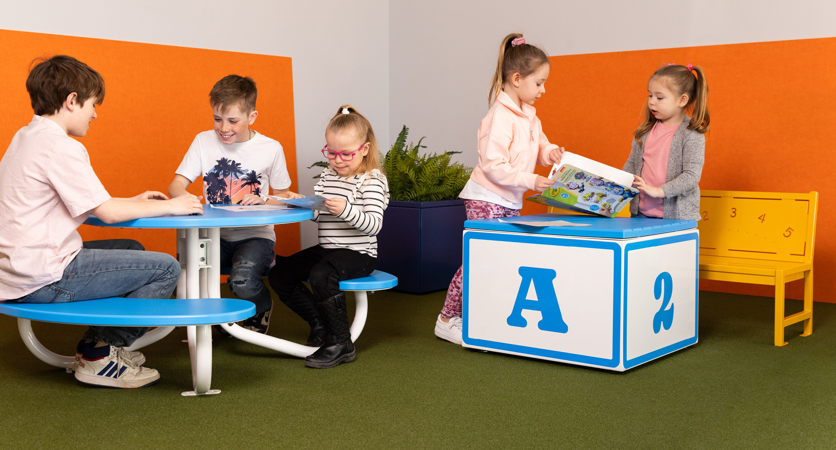 Maglin's new line of children's furniture featuring Fava picnic table and pixel blocks with 400 mini bench