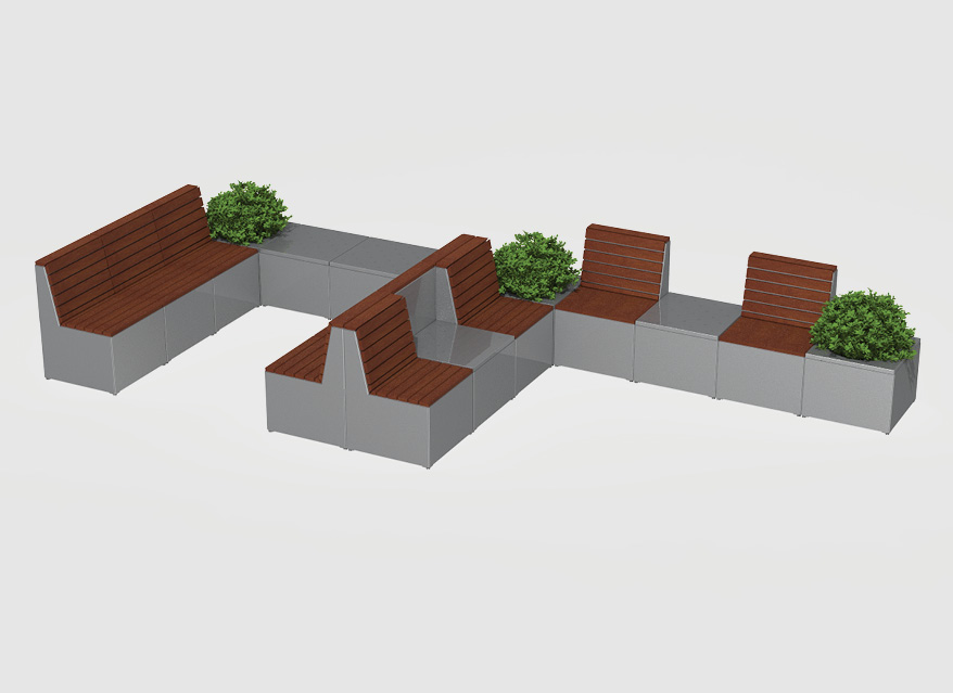 Modular Pixel layout with backed and backless seating, planters and tables