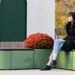 Pixel collection rounds and blocks with hosta and women sitting down with legs crossed