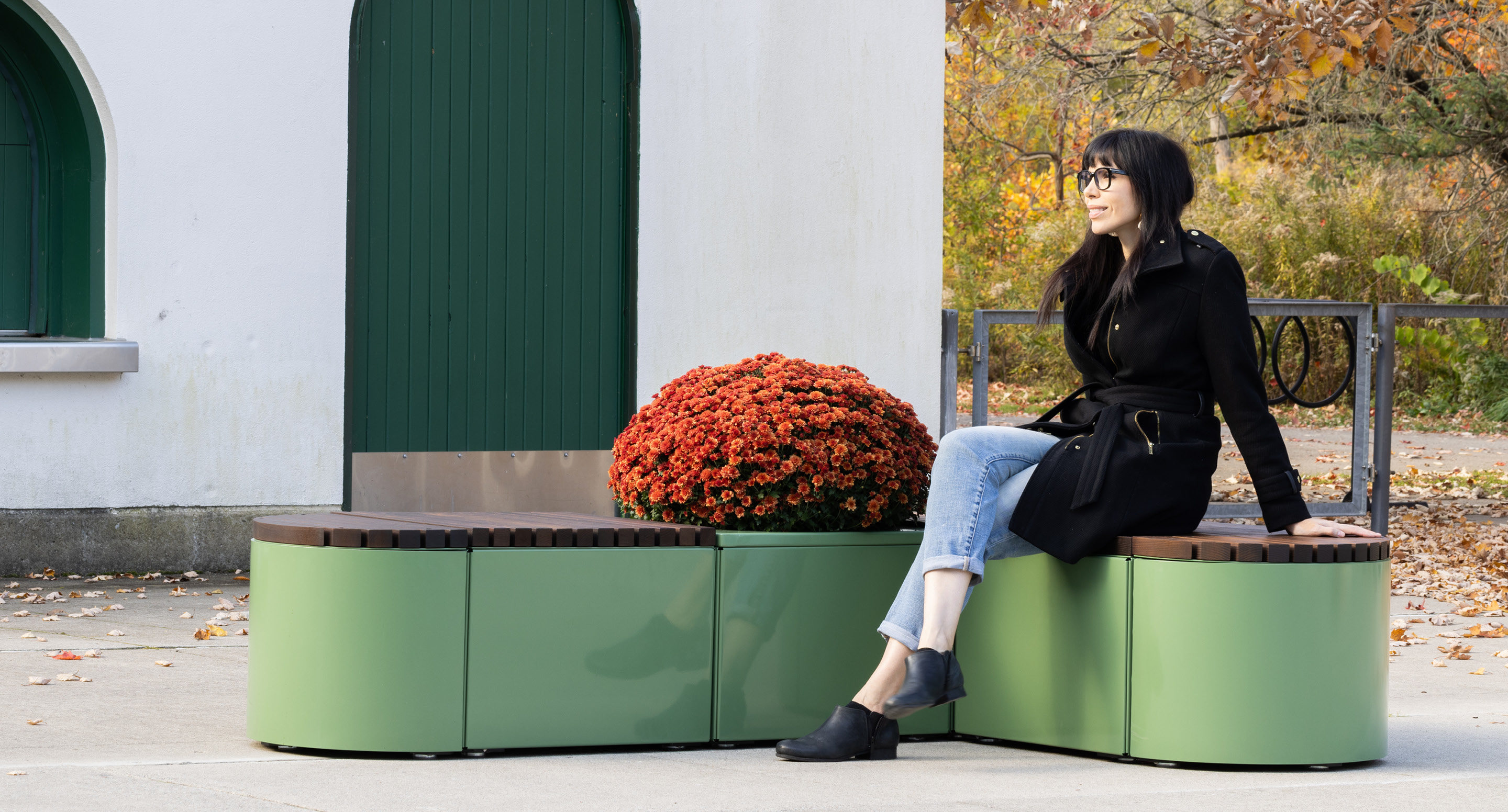 Pixel collection rounds and blocks with hosta and women sitting down with legs crossed