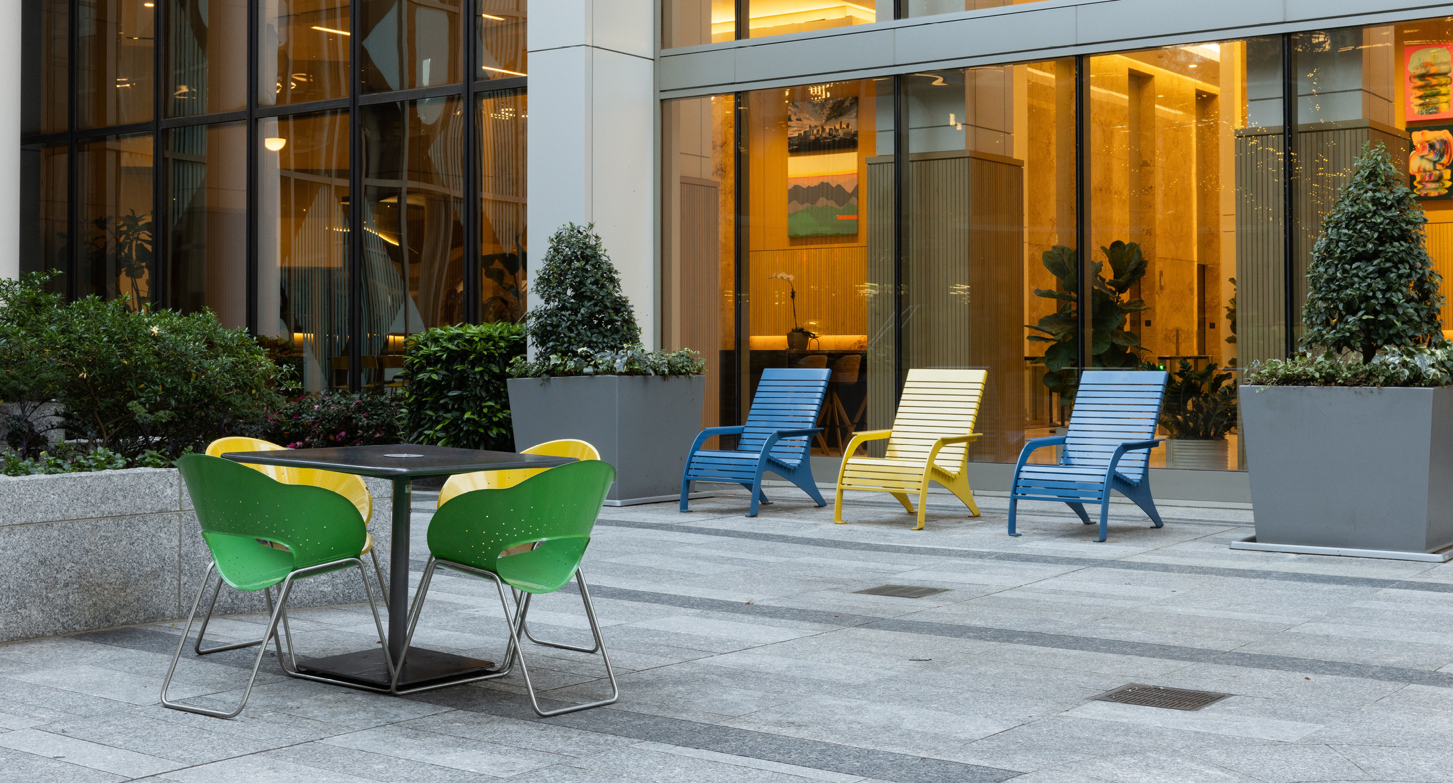 720 Chairs and Battery Chairs powdercoated blue, yellow and green at Bank of America Plaza