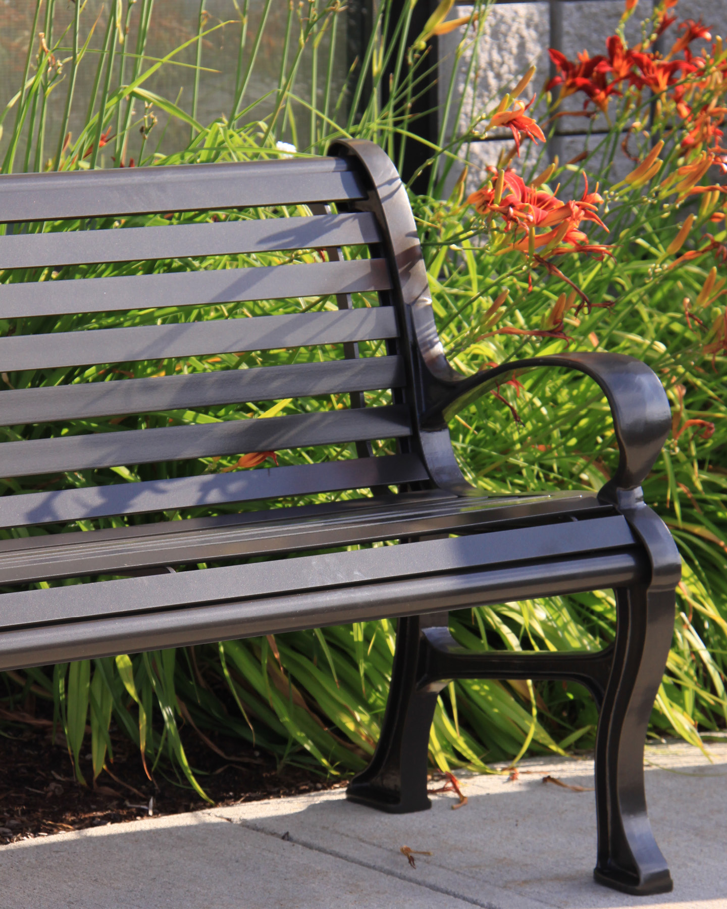Partial metal bench with green grasses in background