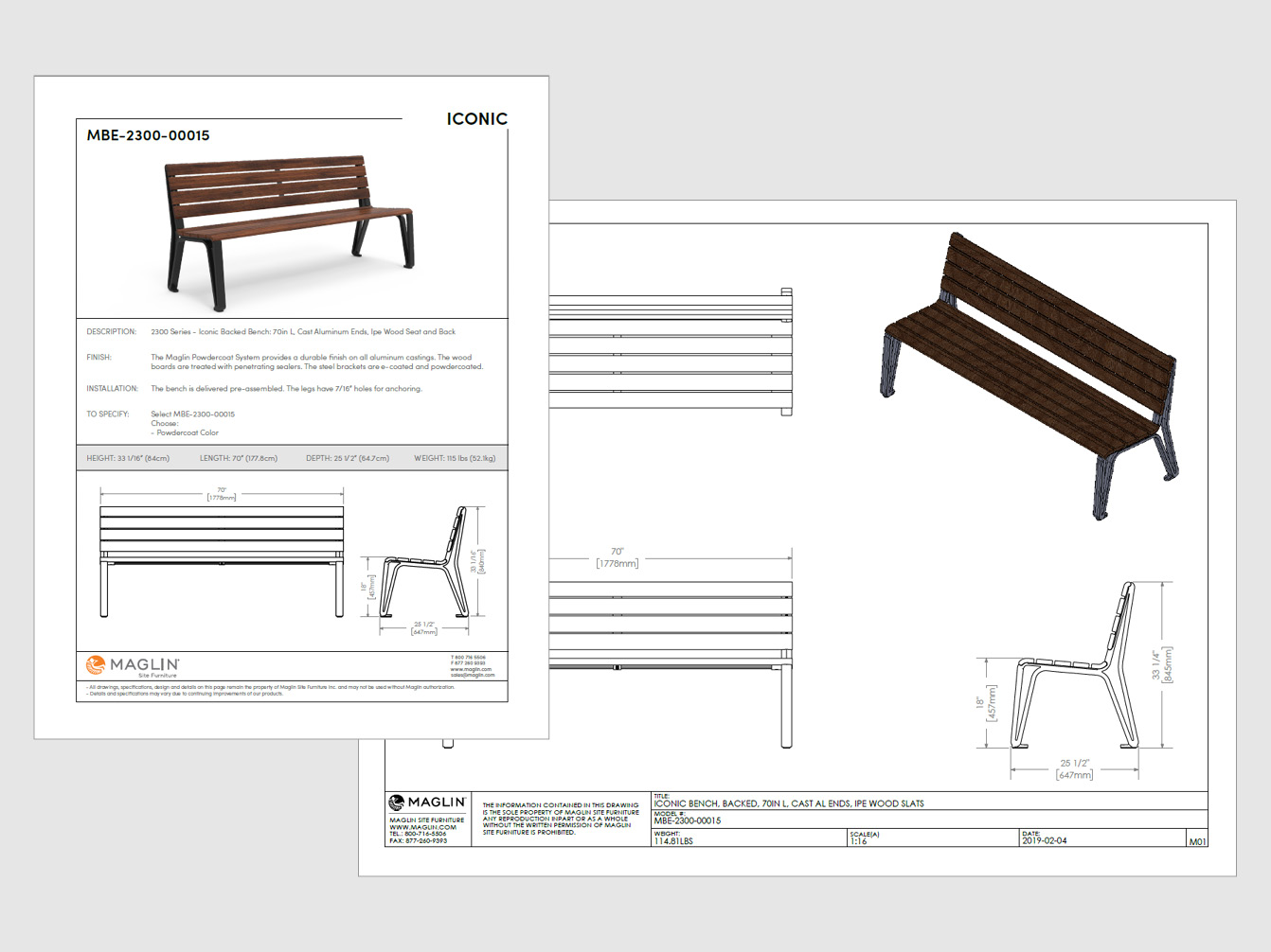 Maglin Product Data - cutsheet and CAD file showing Iconic backed bench